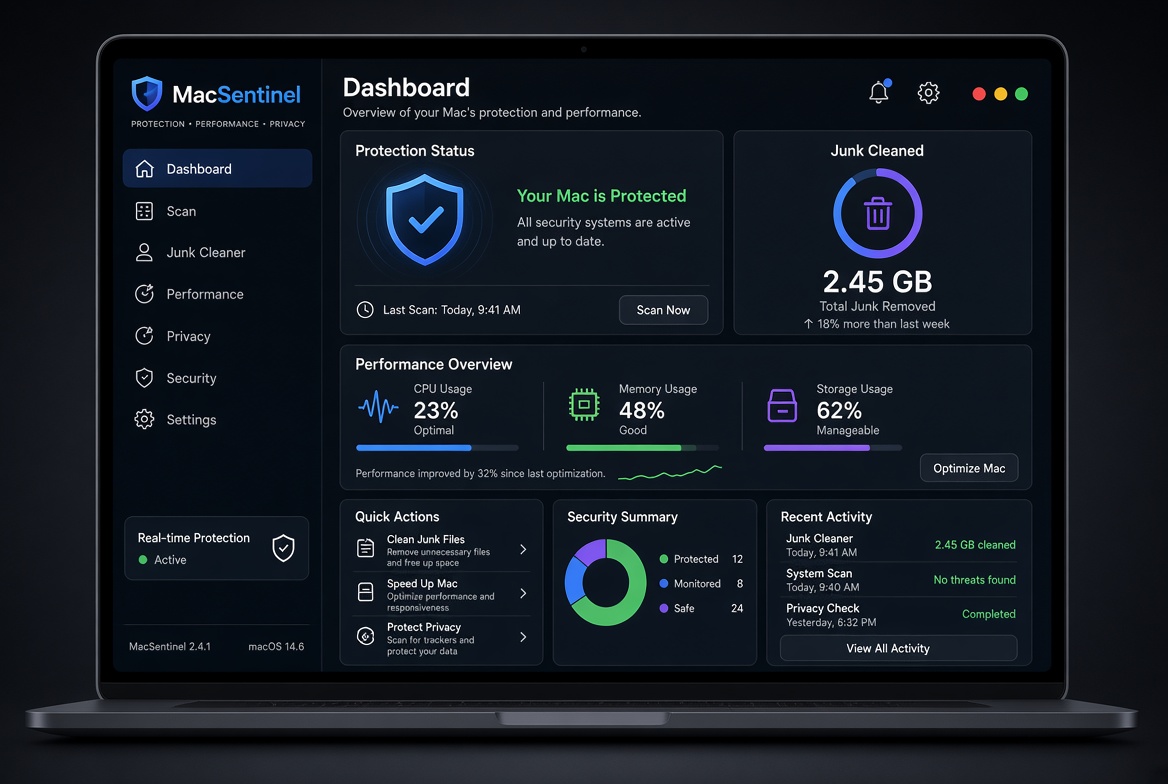 MacSentinel Pro dashboard with protection status and performance overview
